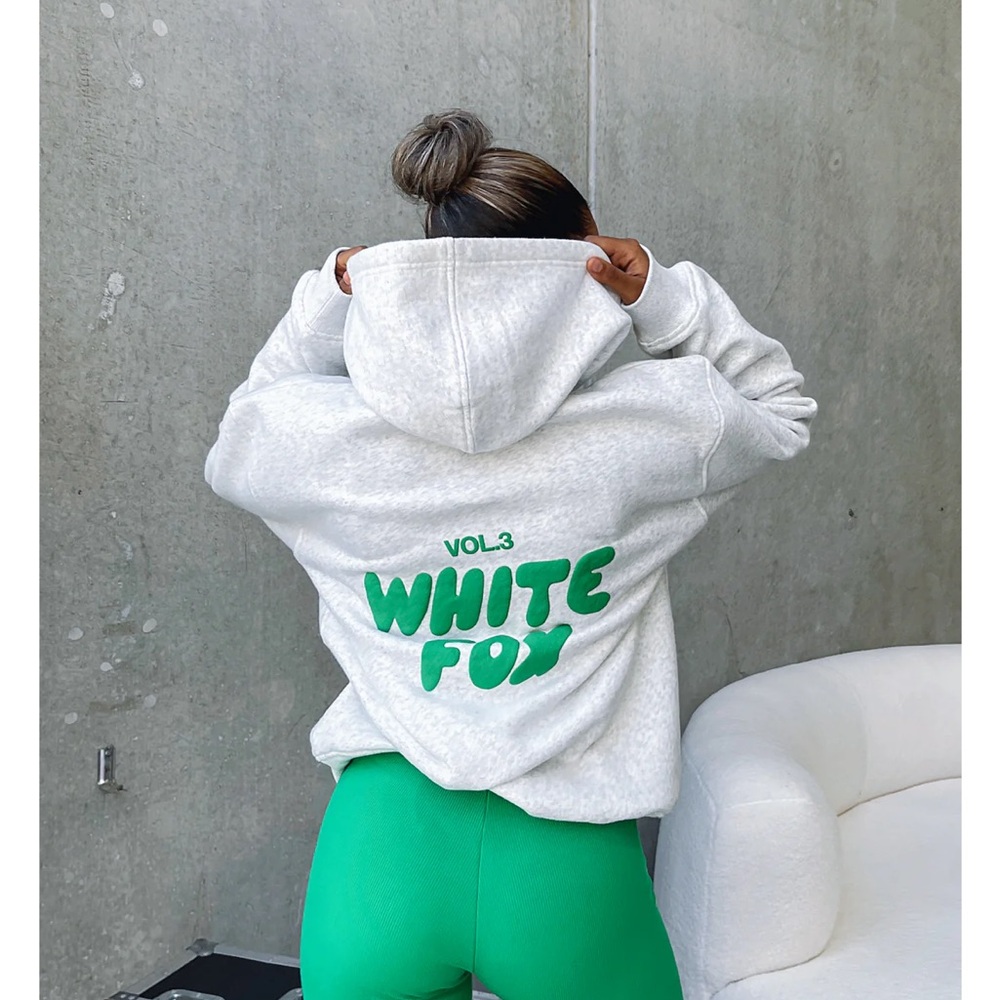 White Fox Gray Hoodie with Green Print size s/m